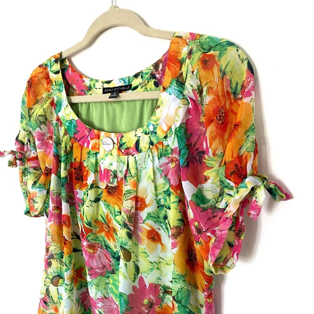 Sara Michelle Floral Green Floral Blouse Lined Scoop Neck Lined Multicolor Top S - Picture 4 of 7